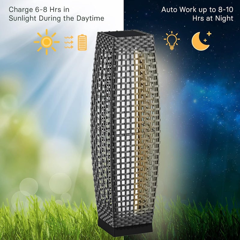 Grand patio Outdoor Floor Lamp Solar Powered Lantern Water-Resistant Wicker Deck Light for Garden or Porch - Medium Fuji, Silver Gray - Image 4